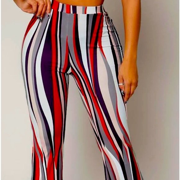 Striped High Waist Flared Leg Pants ~NWT - Picture 1 of 3